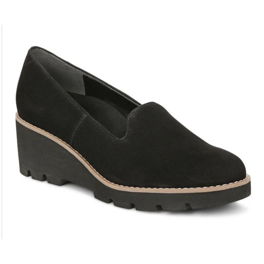 Vionic‎ Willa Black Suede Leather Wedge Womens 7.5 Medium Shoes Arch Support New